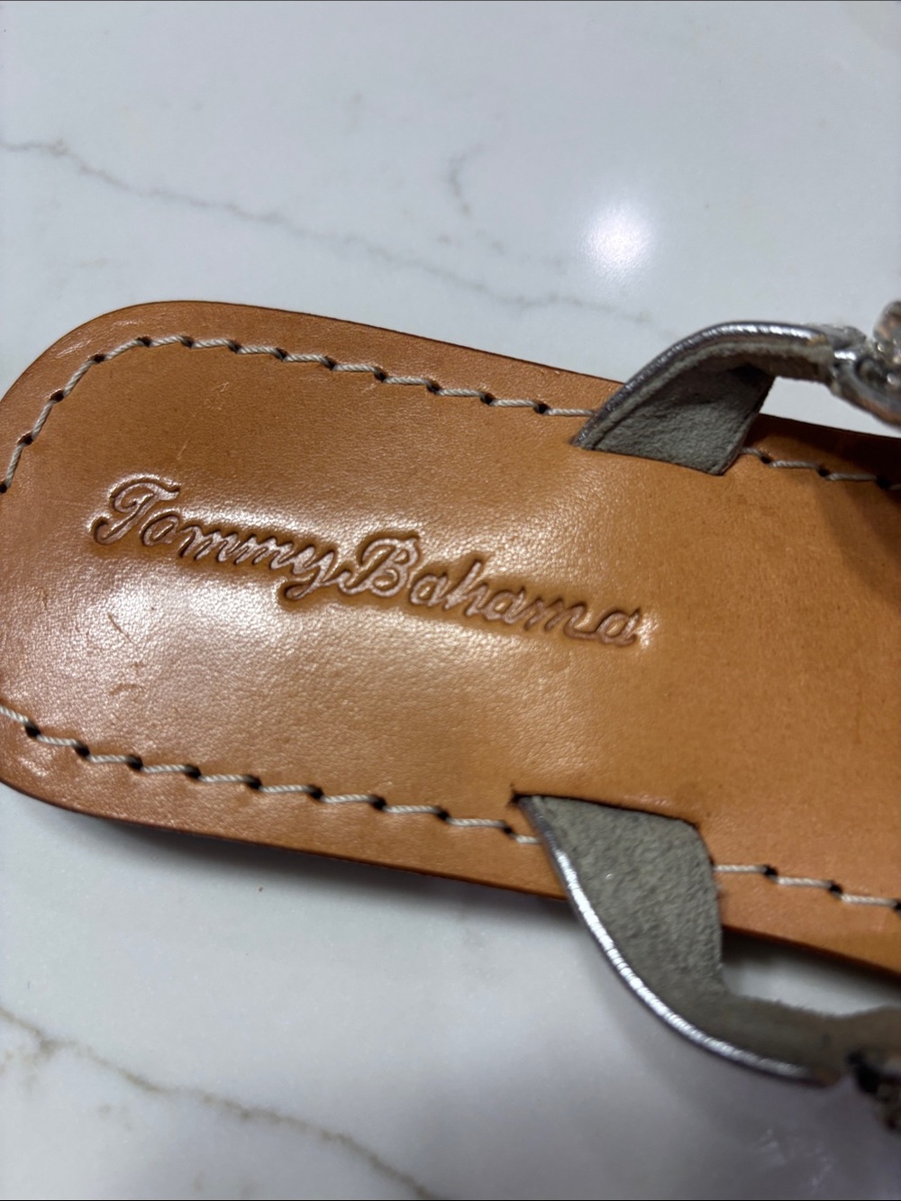 Tommy Bahama Silver Beaded T-Strap Sandals with Brown Footbed - Picture 8 of 12